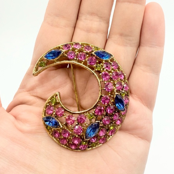 Vintage Multi Color Rainbow Rhinestone Crescent Brooch - Picture 3 of 8
